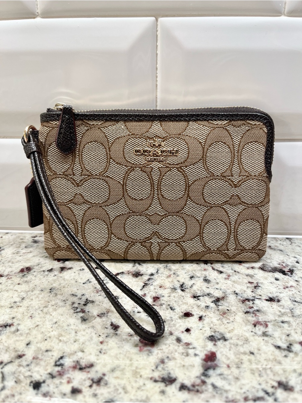 Coach Signature Jacquard Khaki Wristlet NWT